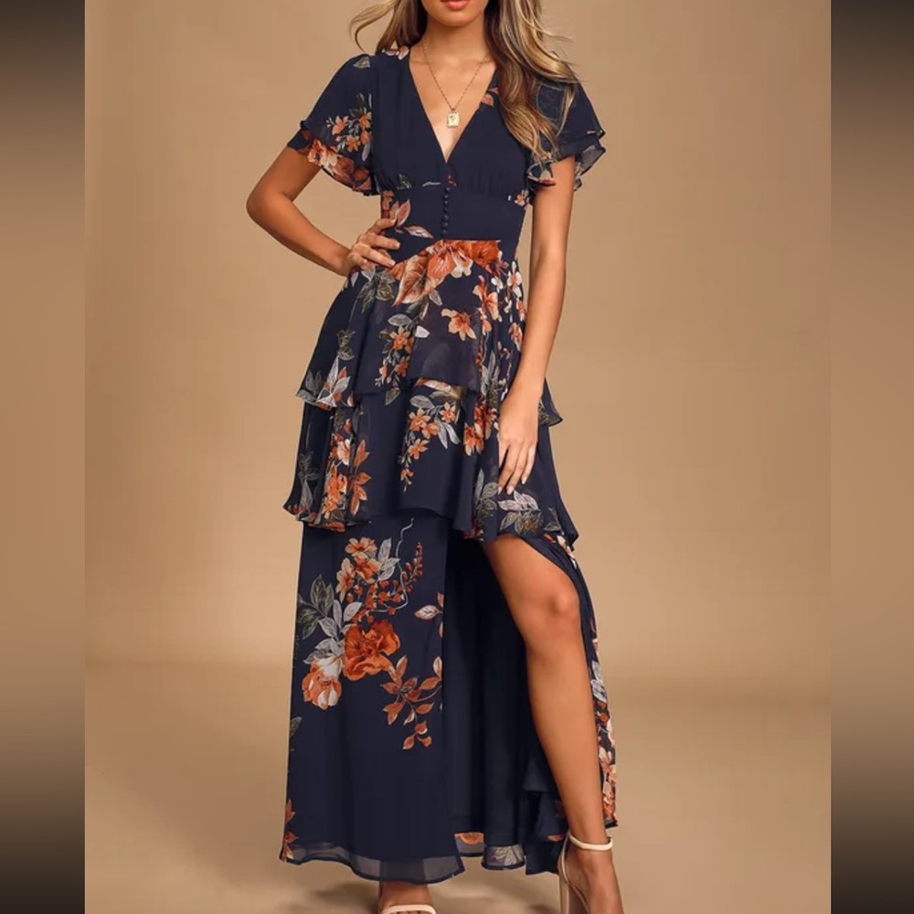 Lulu's Navy Floral Maxi Dress